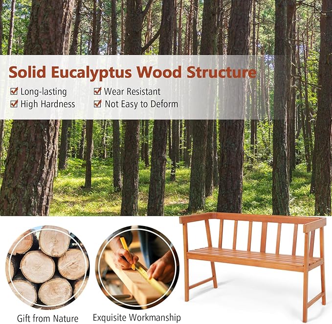 RELAX4LIFE 2-Person Wooden Outdoor Bench - Eucalyptus Wood Patio Garden Bench with Backrest, Armrests & Slatted Seat for Poolside Deck Backyard Balcony Park Front Porch, 800 LBS Weight Capacity