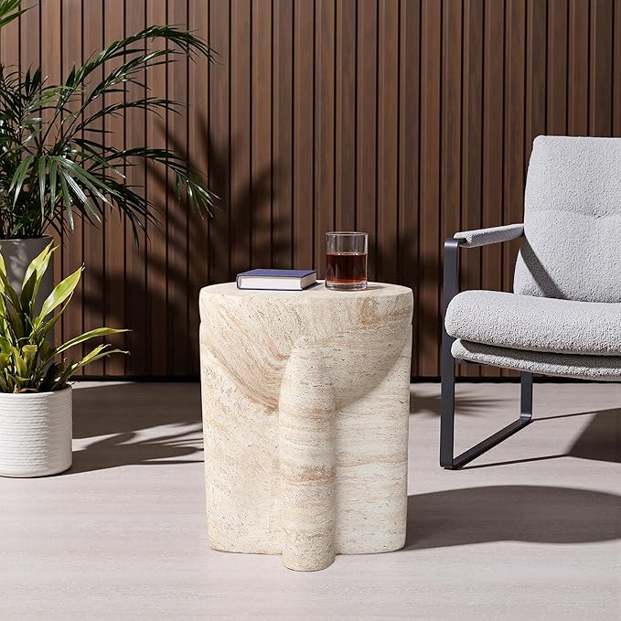 LuxenHome 18" Outdoor Side Table, Marbled Round Accent Table, Indoor Outdoor End Tables for Patio, Balcony, Living Room, Brown & Beige