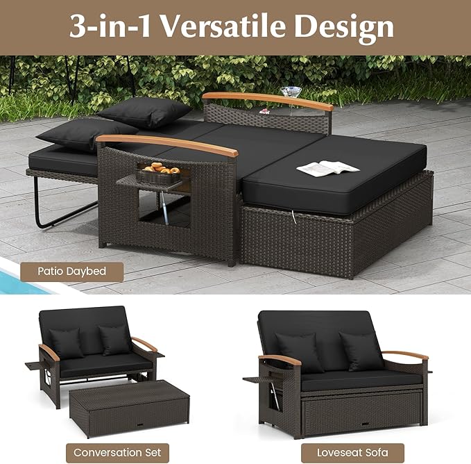LDAILY Moccha Outdoor Wicker Daybed, Patio Rattan Loveseat Sofa w/ 4-Level Adjustable Backrest, Folding Panels, Storage Ottoman & Cushions, Lounge Furniture Set for Poolside Backyard Porch (Black)