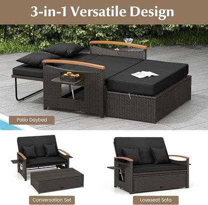 LDAILY Moccha Outdoor Wicker Daybed, Patio Rattan Loveseat Sofa w/ 4-Level Adjustable Backrest, Folding Panels, Storage Ottoman & Cushions, Lounge Furniture Set for Poolside Backyard Porch (Black)