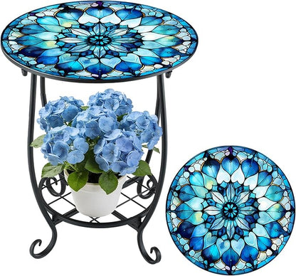 Outdoor Side Table Round Small Mosaic Patio Accent Indoor End Plant Coffee Tea Table for Yard Patio Porch Garden Living Room, Bedroom(Mandala Style,18 Inch)