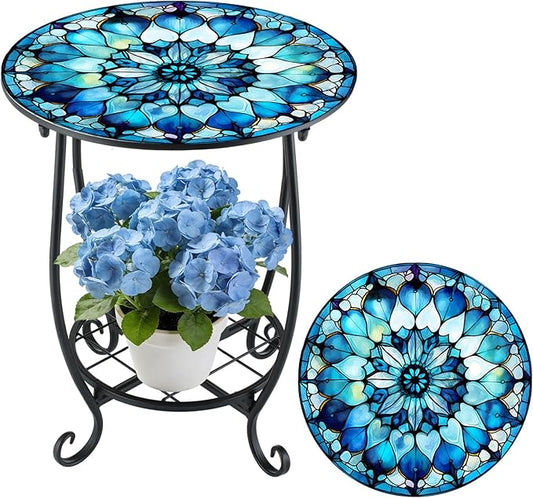 Outdoor Side Table Round Small Mosaic Patio Accent Indoor End Plant Coffee Tea Table for Yard Patio Porch Garden Living Room, Bedroom(Mandala Style,18 Inch)