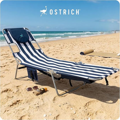 Ostrich the Backpack Chaise Lounge, Folding & Reclining Outdoor Beach Chaise Lounger Chair for Lawn, Pool, Patio, Garden, and Yard, Blue Stripe
