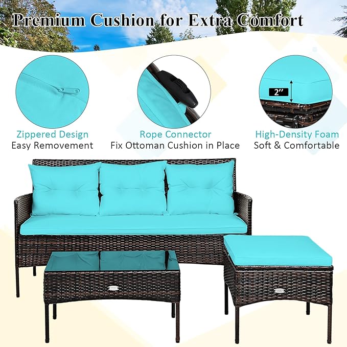 Tangkula 3 Pieces Patio Conversation Set, Outdoor PE Rattan Wicker Furniture Set W/Cozy Cushions - Photo 9