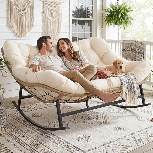 NICESOUL Outdoor Double Egg Rocking Chair, Oversized 2 Person Wide Papasan Rocker, Comfy Padded Recliner Loveseat, 700 lbs Heavy Duty Glider Lounge Chair with Cushion for Outside Backyard Porch, Beige