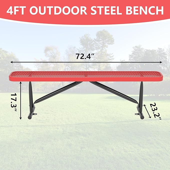 6 Feet Outdoor Steel Bench, Red Heavy Duty Metal Park Bench for Outside, Weatherproof Dock Bench, 72" L Commercial Benches Mesh Bench for Shopping Mall, Store, Lawn, Park, Patio, Deck, Garden
