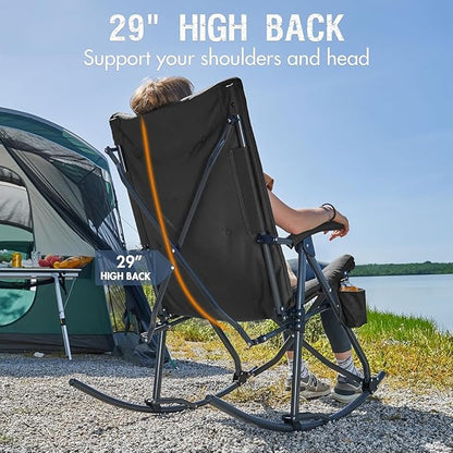 Portal Folding Rocking Camping Chair Outdoor - Thick Padded Rocking Recliner Chair Portable Camping Rocker for Patio Front Porch Backyard Lawn Living Room, Supports 400 LBS