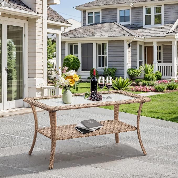 Outdoor Coffee Table - Patio Rattan Wicker Coffee Table with Tempered Glass Top and 2-Tier Storage Outdoor Table for Deck Porch Balcony Garden - Yellow
