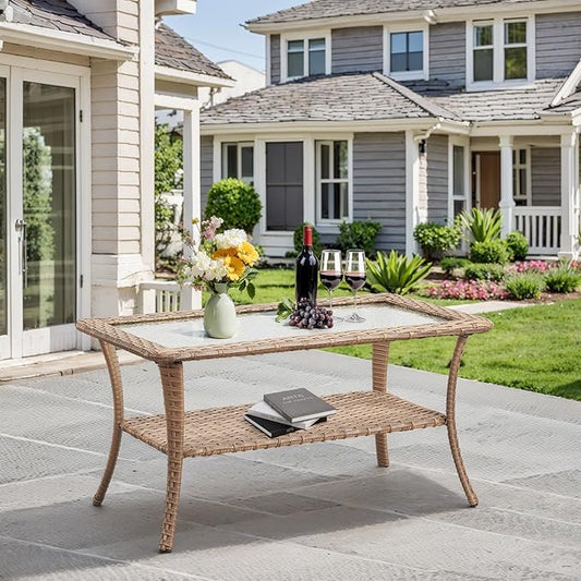 Outdoor Coffee Table - Patio Rattan Wicker Coffee Table with Tempered Glass Top and 2-Tier Storage Outdoor Table for Deck Porch Balcony Garden - Yellow