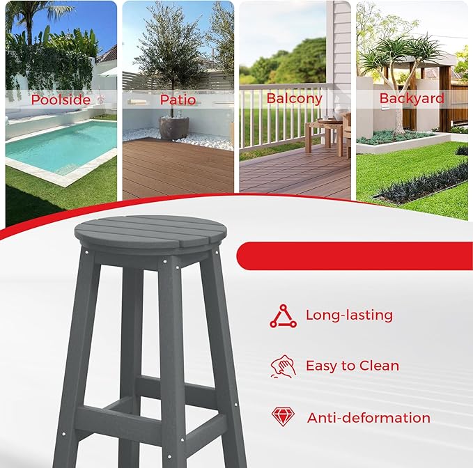 Costaelm 29" Height Outdoor Bar Stools, All-Weather Bar Stools, Adirondack Poly Patio Round Bar Stool for Patio, Deck, Kitchen Counter and Garden, Gray