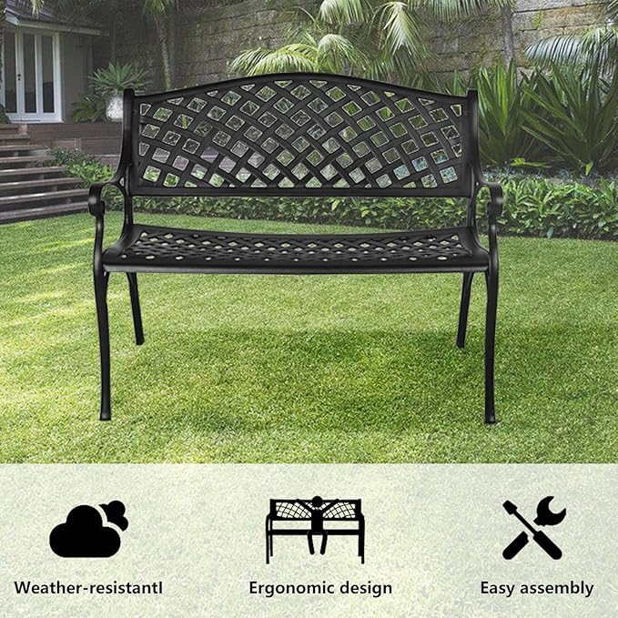 Outdoor Patio Garden Bench All-Weather Cast Aluminum Loveseats Park Yard Furniture Porch Chair Work Entryway Decor - Photo 3
