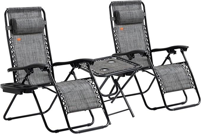 Outsunny Zero Gravity Chair Set with Side Table, Folding Reclining Chair with Cupholders & Pillows, Adjustable Lounge Chairs for Pool, Backyard, Lawn, Beach, Gray
