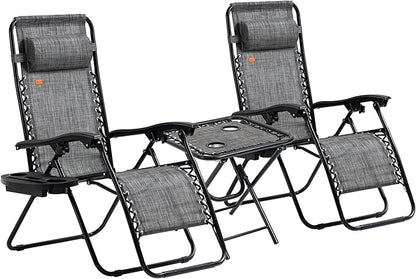 Outsunny Zero Gravity Chair Set with Side Table, Folding Reclining Chair with Cupholders & Pillows, Adjustable Lounge Chairs for Pool, Backyard, Lawn, Beach, Gray