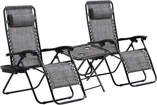 Outsunny Zero Gravity Chair Set with Side Table, Folding Reclining Chair with Cupholders & Pillows, Adjustable Lounge Chairs for Pool, Backyard, Lawn, Beach, Gray