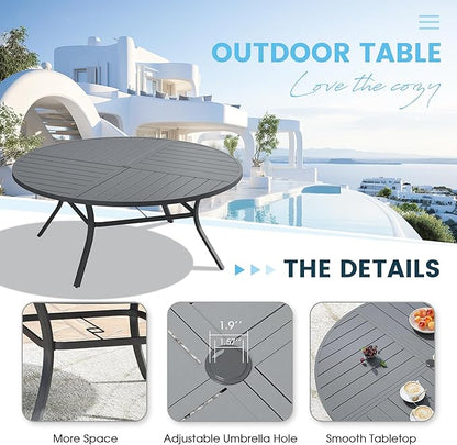 Patio Dining Table for 8-10, Round Metal Outdoor Table with Storage Shelf, 1.57" Umbrella Hole, 60" Outdoor Quartered Tabletop Dining Table for Backyard, Porch, Lawn, Dark Grey