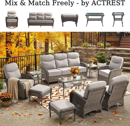 Outdoor Ottomans Patio Footrest Set of 2 - High Back Comfortable Brown Wicker Rattan Steel Frame Footstool Additional Bench Side Table for Porch Balcony Deck Garden Poolside - Beige