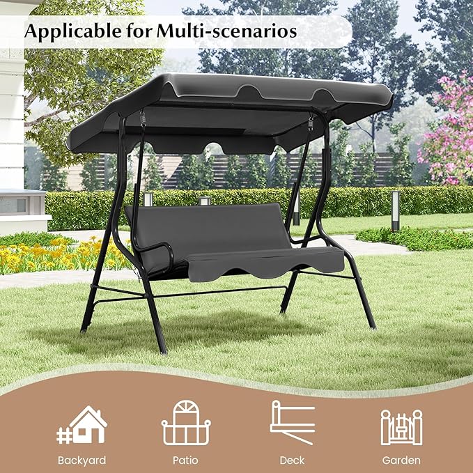 RELAX4LIFE 3-Person Porch Swing Chair - Outdoor Swing w/Adjustable Canopy, Removable Cushion & Metal Frame Stand - Photo 9