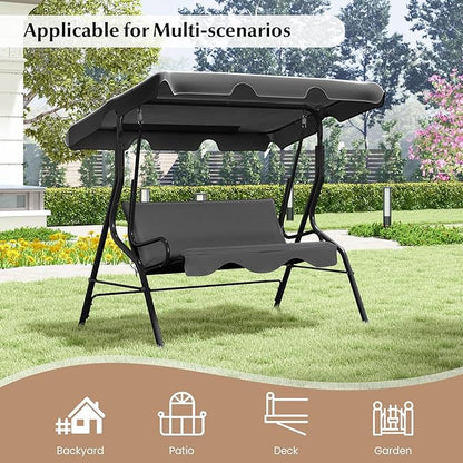 RELAX4LIFE 3-Person Porch Swing Chair - Outdoor Swing w/Adjustable Canopy, Removable Cushion & Metal Frame Stand, 3 Seat Swing Bench for Backyard Garden Poolside, Patio Swing for Adults (Grey)