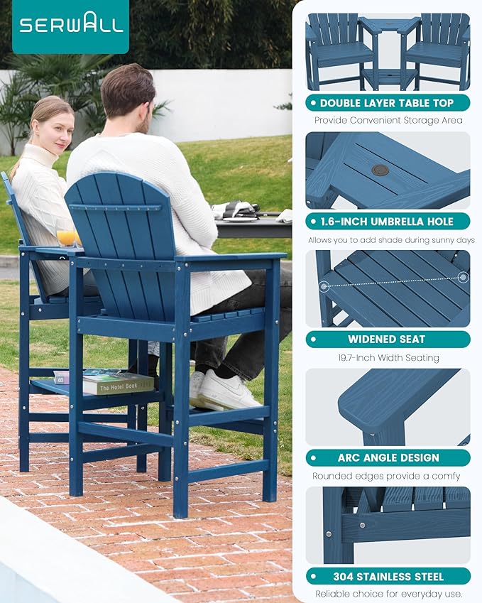 SERWALL Tall Adirondack Chairs Set of 2 with Double Layer Connecting Tray, HDPE Bar Height Outdoor Chairs - Photo 4