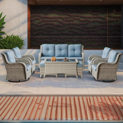 Patio Furniture Swivel Chairs Set - 8 Piece Wicker Rattan Outdoor Sectional Conversation Sets with 4 Swivel Rocking Chairs,2 Ottomans,1 Sofa and 1 Coffee Table for Porch Deck(Light Grey/Sky Blue)
