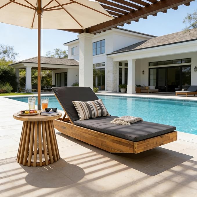 Acacia Wood Chaise Lounge with 2-Fold Thin Cushion - Teak Finish Outdoor Recliner with Cream Water-Repellent Cushion - Photo 3