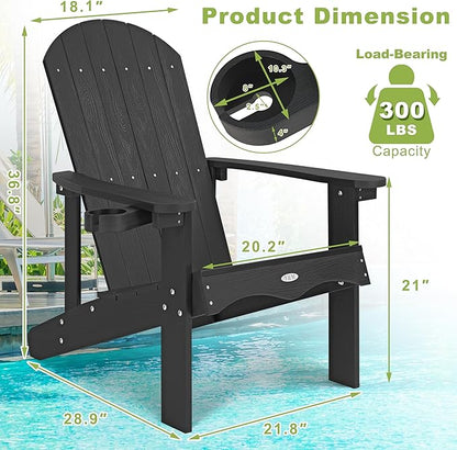 Y&M Adirondack Chair Set of 2, Black Fire Pit Chairs, Outdoor Patio Chairs with Cup Holder, Weather Resistant HDPE Wooden Textured Patio Chair, Perfect for Garden, Lawn, Deck, or Poolside