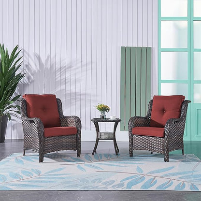 Rilyson Patio Bistro Set Outdoor Chairs - 3 Piece Wicker Rattan Patio Furniture Set with 2 Armrest Chair and 1 Side Table for Proch Deck Garden Backyard Balcony(Brown/Red)
