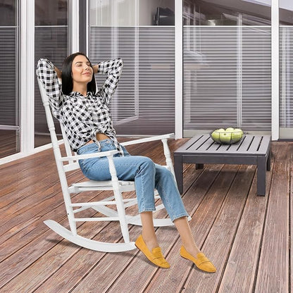 VINGLI Wooden Rocking Chair, Outdoor Chair with 450 lbs Support, Relaxing Rocker with Solid Wood High Back Seat Reclining Seat for Deck, Garden, Backyard, Porch, Indoor or Outdoor Use, White