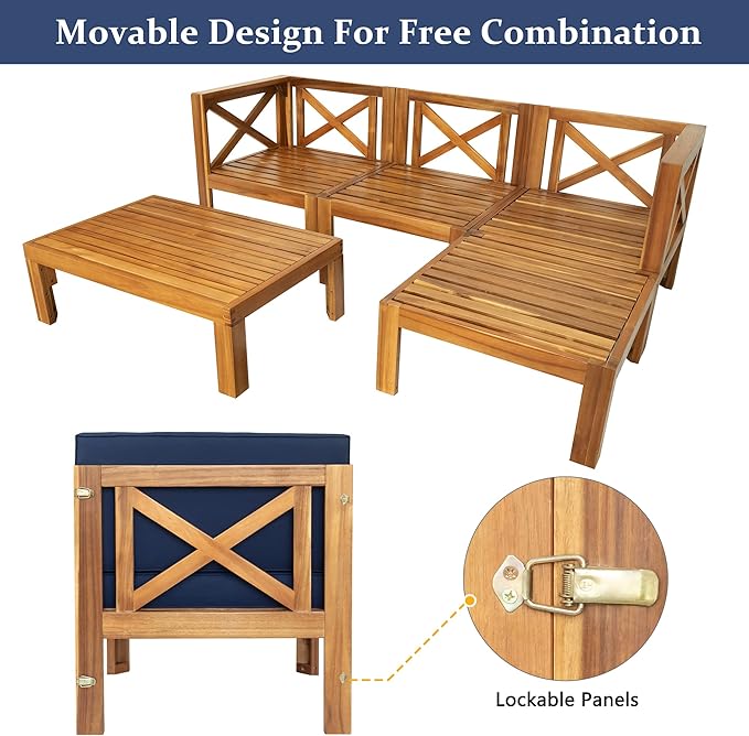Outdoor Backyard Patio Wood 5-Piece Sectional Sofa Seating Group Set with Cushions, Natural Finish+ Blue Cushions - Photo 5