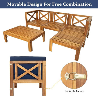 Outdoor Backyard Patio Wood 5-Piece Sectional Sofa Seating Group Set with Cushions, Natural Finish+ Blue Cushions