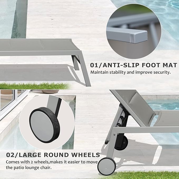 Domi Outdoor Patio Chaise Lounge Set of 3, Aluminum Pool Lounge Chairs with Side Table and Wheels, Textilene Padded Adjustable Recliner All Weather for Poolside, Beach, Yard, Balcony (Gray)