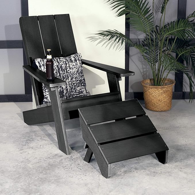 Highwood Italica Modern Adirondack Chair and Ottoman, 2-Piece Set, Black