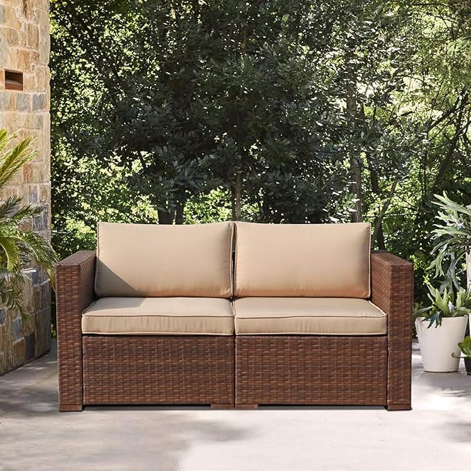 Patiorama Outdoor Wicker Loveseat 2 Pieces, All Weather Brown PE Rattan Sectional Corner Sofa Set - Photo 9