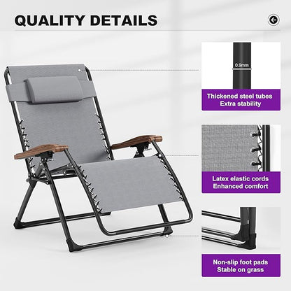 PURPLE LEAF Extra Wide Outdoor Reclining Chair Patio Zero Gravity Chaise Lounge Folding Chair with Removable Cushion Adjustable Headrest for Lawn Camping Beach Pool Grey