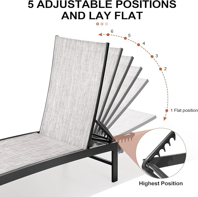 Crestlive Products Pool Lounge Chair Outdoor Set of 2, Chaise Lounge Chairs, Adjustable Five-Position Tanning Recliner, All Weather for Patio, Beach, Yard, Pool (Grey Black)
