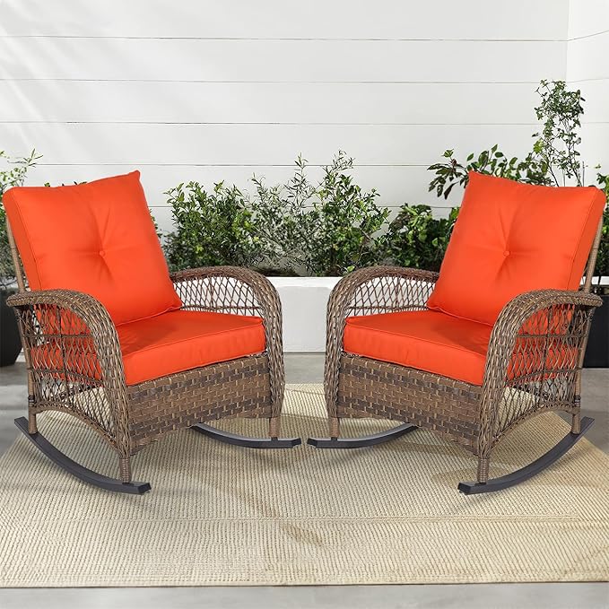 MEETWARM Outdoor Wicker Rocking Chairs Set of 2, Rattan Patio Rocker Chairs with Thick Cushions and High Back, All-Weather Patio Wicker Chair with Safe Rocking Design for Garden, Brown/Orange
