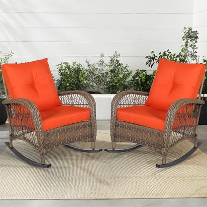 MEETWARM Outdoor Wicker Rocking Chairs Set of 2, Rattan Patio Rocker Chairs with Thick Cushions and High Back, All-Weather Patio Wicker Chair with Safe Rocking Design for Garden, Brown/Orange