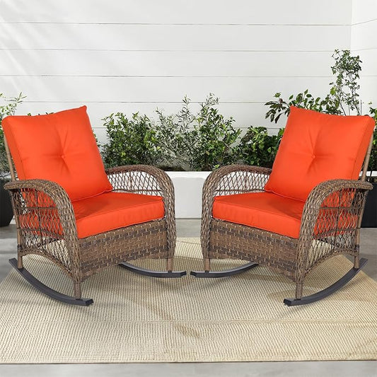 MEETWARM Outdoor Wicker Rocking Chairs Set of 2, Rattan Patio Rocker Chairs with Thick Cushions and High Back, All-Weather Patio Wicker Chair with Safe Rocking Design for Garden, Brown/Orange