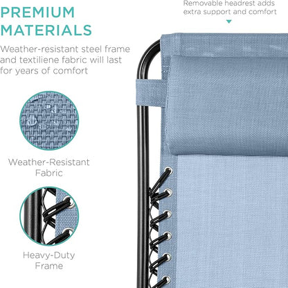 Best Choice Products Set of 2 Adjustable Steel Mesh Zero Gravity Lounge Chair Recliners w/Pillows and Cup Holder Trays - Dusty Blue/Black