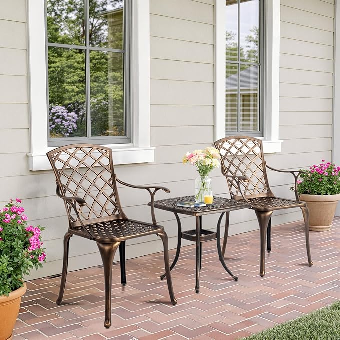 VINGLI Patio Chairs Set of 2, All-Weather Cast Aluminum Outdoor Dining Chairs, Metal Armchairs for Poolside, Backyard, Balcony (Grid Back Without Cushion)