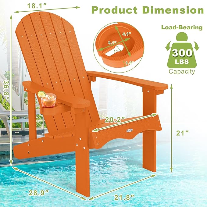 Y&M Adirondack Chair Set of 2, Orange Fire Pit Chairs, Outdoor Patio Chairs with Cup Holder, Weather Resistant HDPE Wooden Textured Patio Chairs, Perfect for Garden, Lawn, Deck, or Poolside