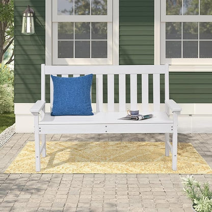 COBANA Outdoor Garden Bench, All Weather HDPE Patio Porch Bench with Faux Wood Grain Pattern, 2-Person Seat for Lawn, Park, Backyard, Entryway, White