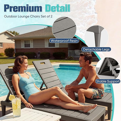 Devoko Outdoor Chaise Lounge Chair Set of 2 with 5-Position Adjustable Back, Waterproof & Lightweight PP Lounge Chairs for Outside Pool Patio (Light Brown)