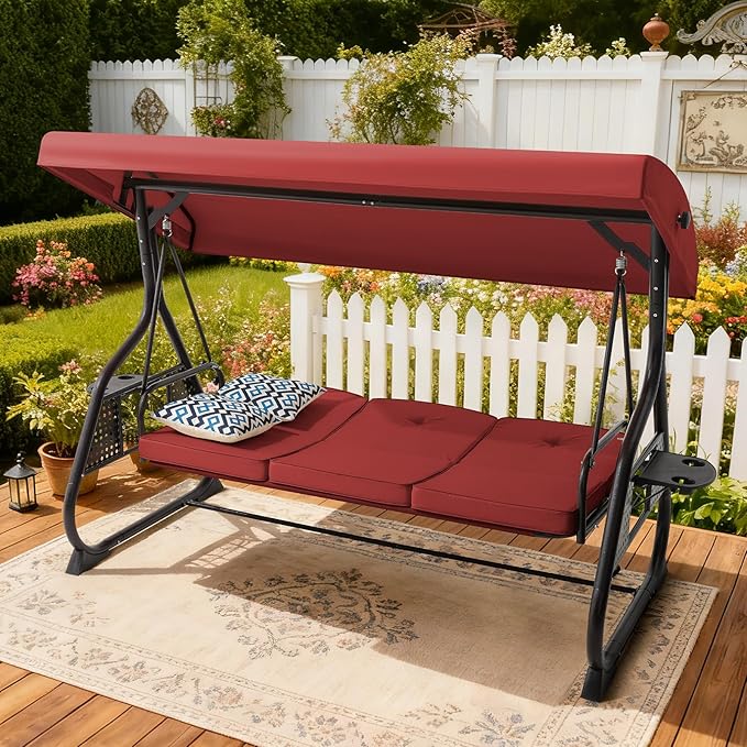 3 Seat Outdoor Porch Patio Swing with Adjustable Canopy& Backrest, Outdoor Swing for Adults - Photo 9