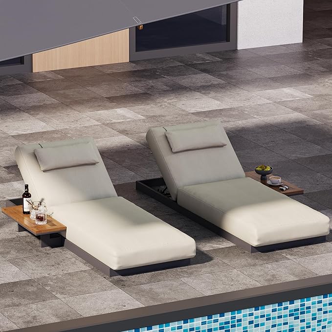 homary Modern Outdoor Lounge Chair, 2 PCS Patio Pool Lounger Outdoor Chaise with Beige Cushions & Built-in Side Table, Adjustable Backrest, Weather-Resistant Metal Frame