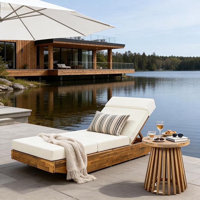 espidoo Acacia Wood Outdoor Chaise Lounge: 300lb Capacity & 3-Position Adjustable - Beige Water-Repellent Cushion & - Photo 1