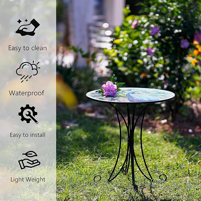 Outdoor Side Table, 18 Inch Metal Accent Table, Peacock Round End Tables - Photo 5