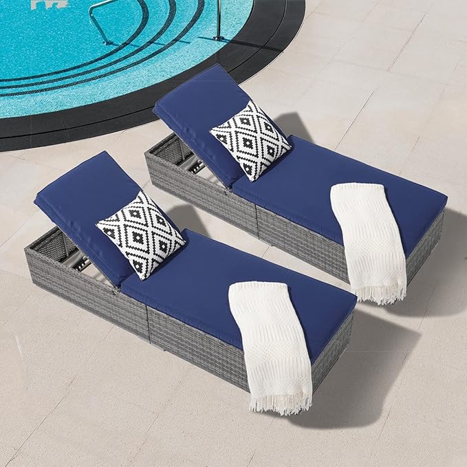 Patiorama Outdoor Patio Chaise Lounge Chair, Elegant Reclining Adjustable Pool Rattan Chaise Lounge Chair with Navy Blue Cushion, Grey PE Wicker, Steel Frame, Set of 2