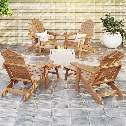 Giantex Folding Adirondack Chair, All-Weather Lounge Chair with Adjustable Backrest, Retractable Ottoman, Cup Holder, HIPS Fire Pit Chair for Lawn, Pool, Patio, Porch (2, Brown)