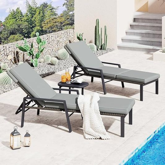 AECOJOY Chaise Lounge Chairs for Outside Set of 2, Adjustable Wicker PE Rattan Patio Pool Recliner Chair with Removable Cushion for Beach, Patio, Poolside, Lawn, Black Rattan&Dark Grey Cuchion